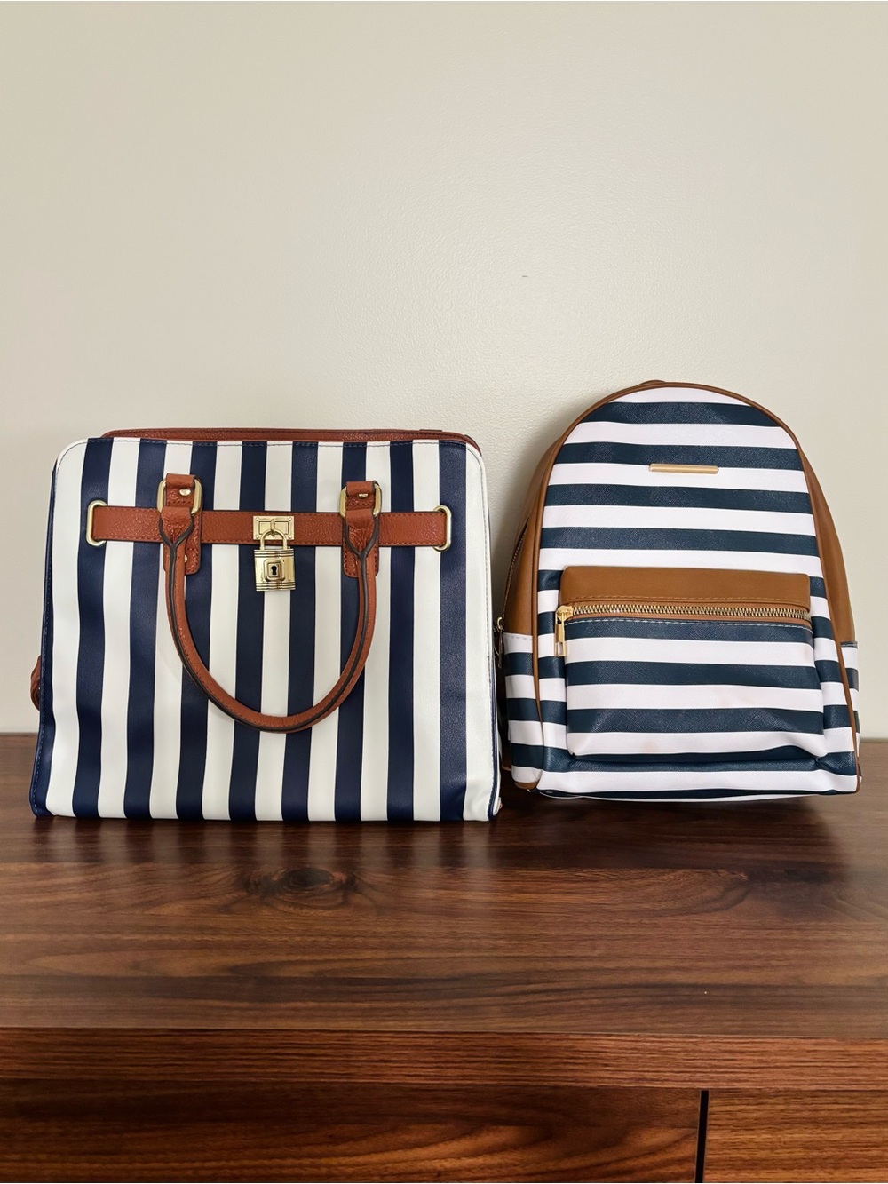 Blue and White Nautical Striped Purse + Mini Backpack Set